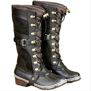 Sorel Carly Conquest Black Tall Leather Waterproof Winter Snow Duck Boot